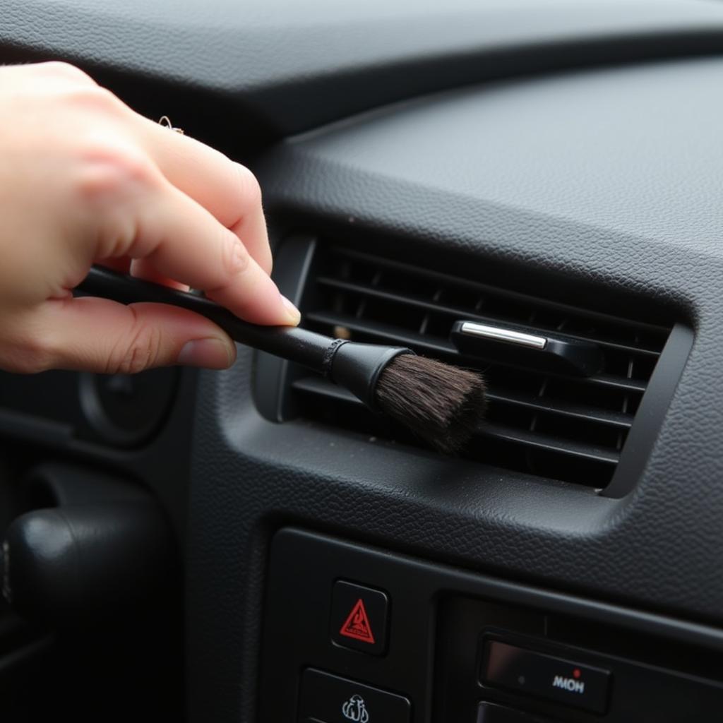 Cleaning car AC vents with a brush