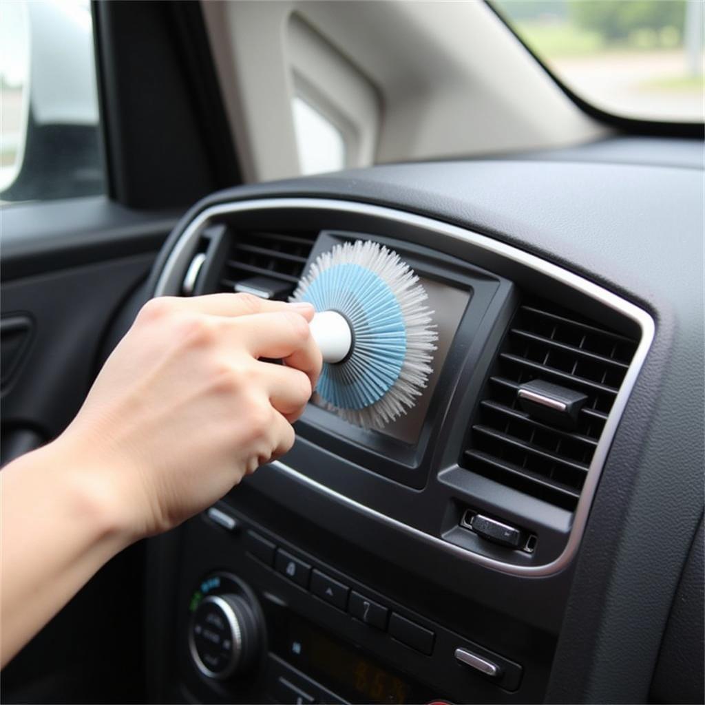 Cleaning car AC vents with a brush