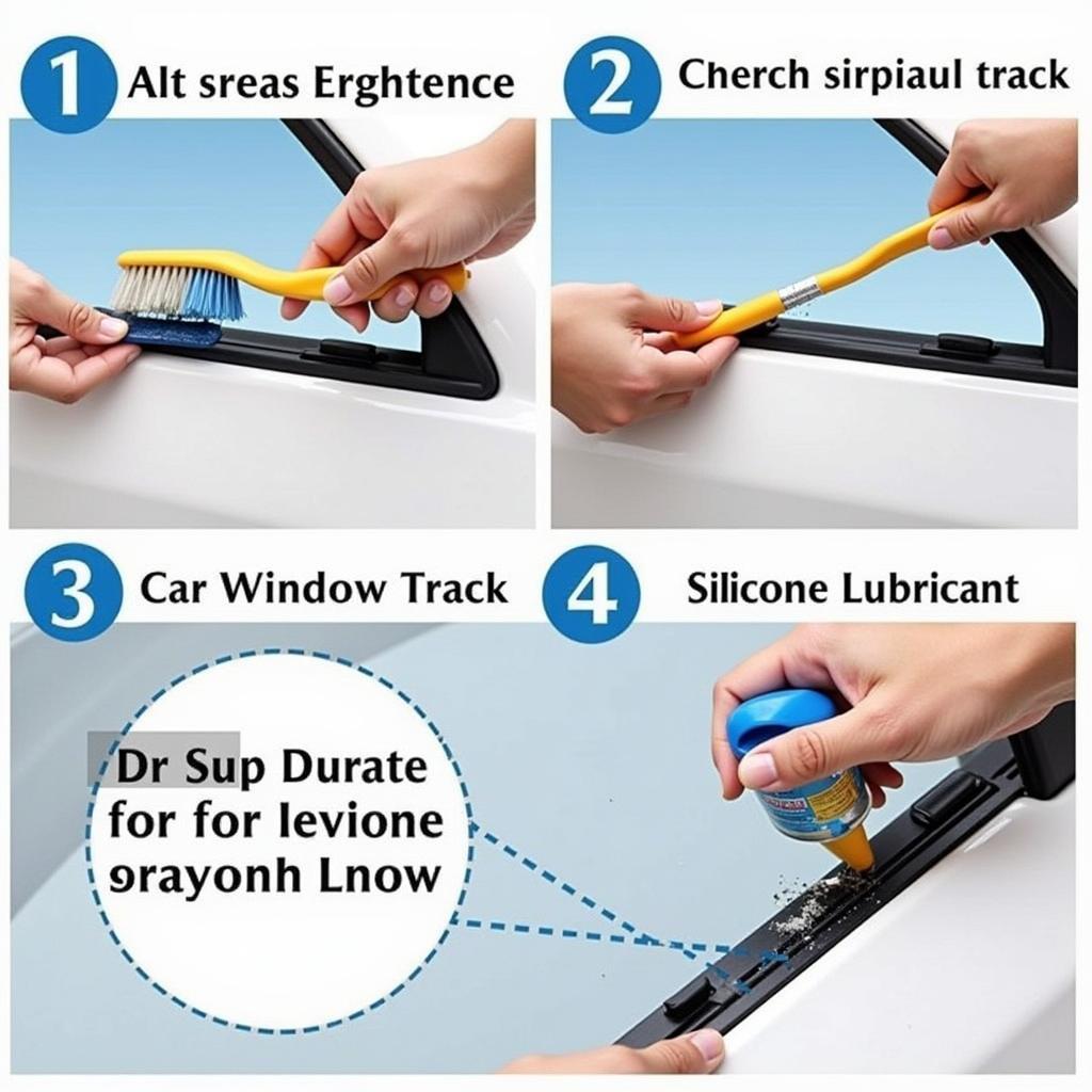 Cleaning Car Window Tracks with Brush and Lubricant