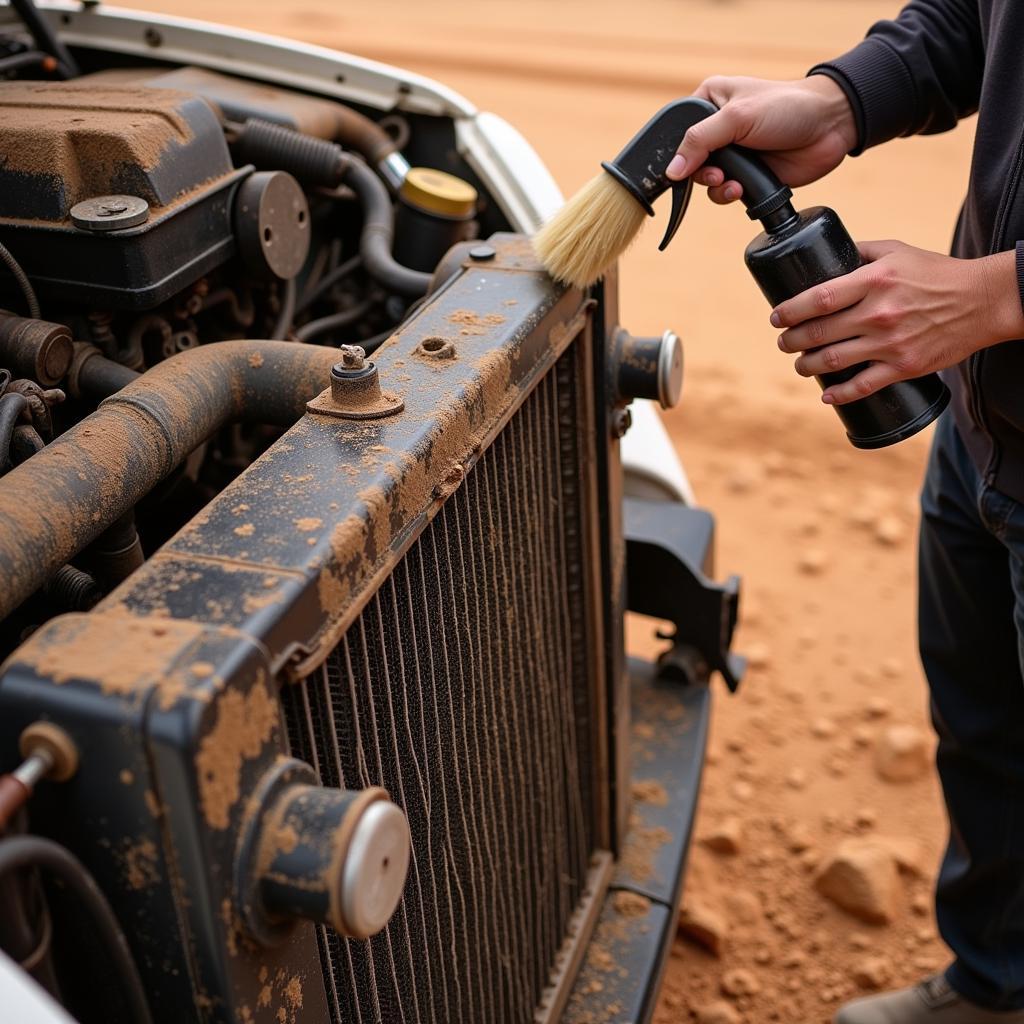 Cleaning Radiator on a Dusty Trip: A person is carefully cleaning the dust off a car radiator using a soft brush and compressed air during a road trip in a dusty environment.