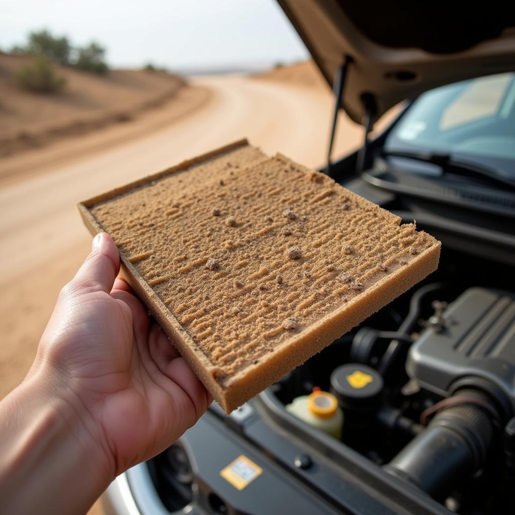 Clogged Air Filter on Dusty Road Trip:  A close-up view of a heavily dust-covered air filter removed from a car during a road trip through a dusty environment, showing the impact of dust on engine performance.