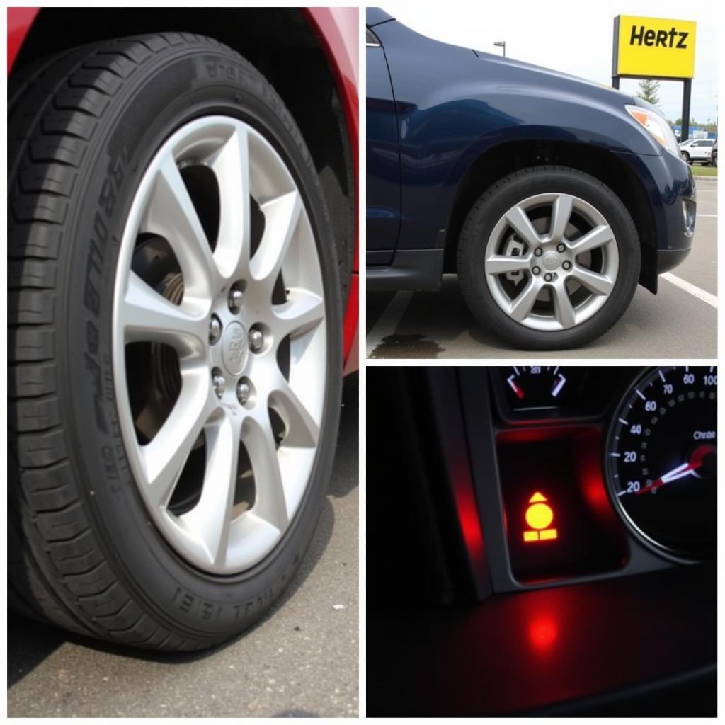 Common Car Problems Near Hertz Lot in Nashville: Image depicting various car issues like a flat tire, fluid leak, and a warning light on the dashboard.