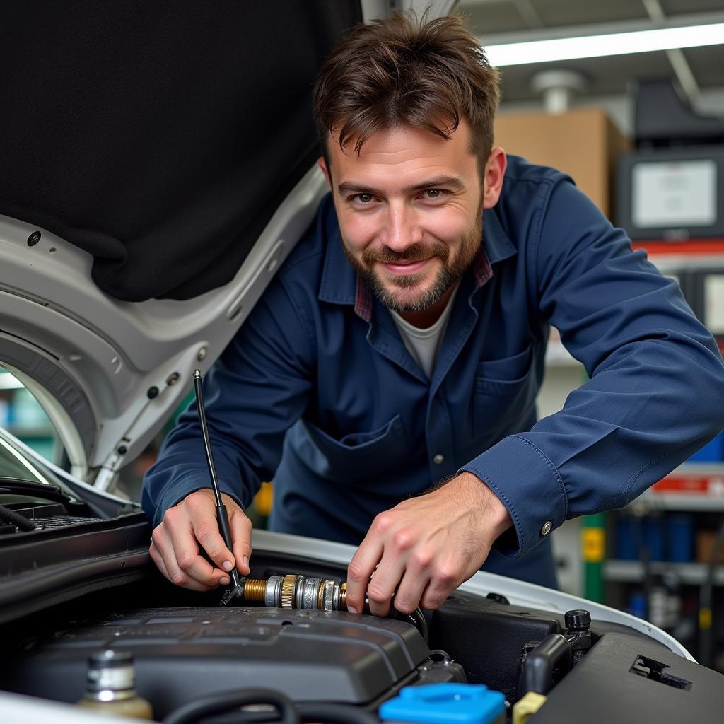 Mechanic working on car engine, focusing on common repairs