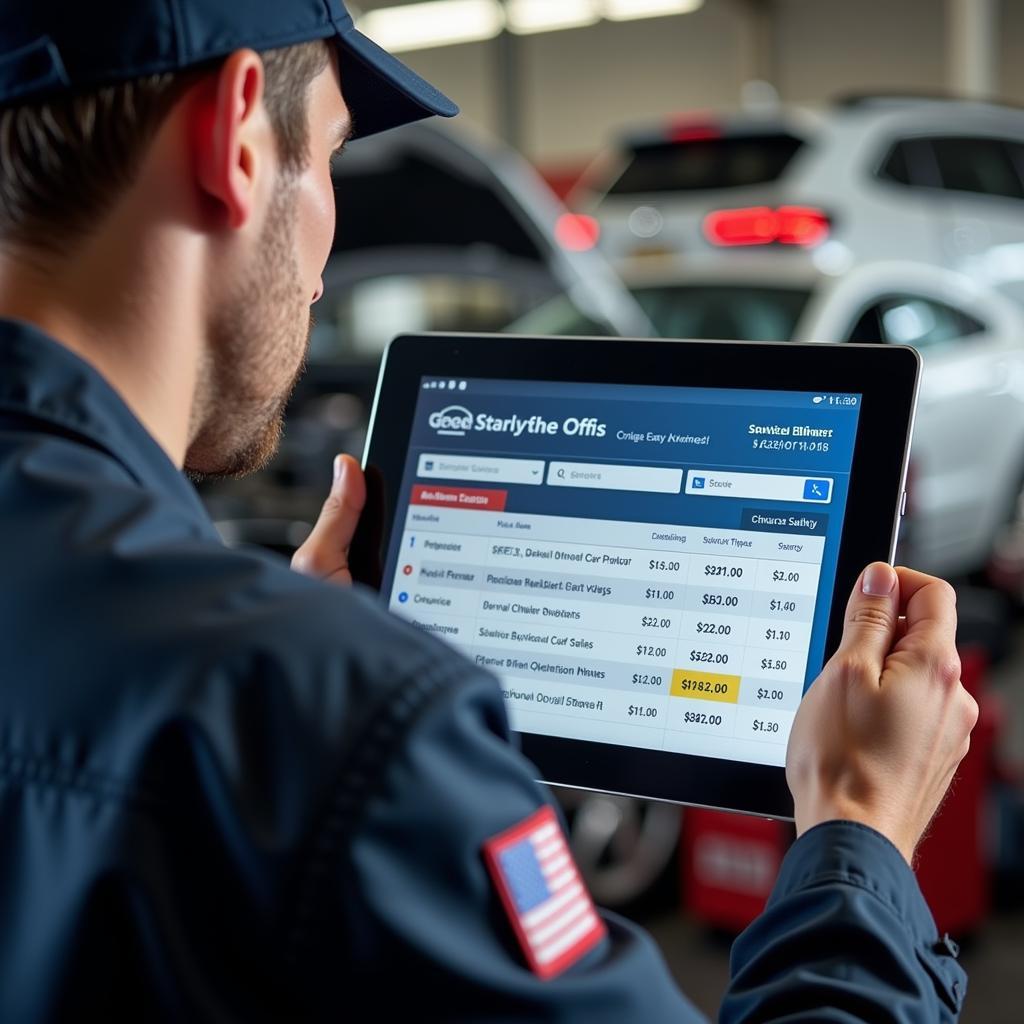 Mechanic comparing prices on a tablet