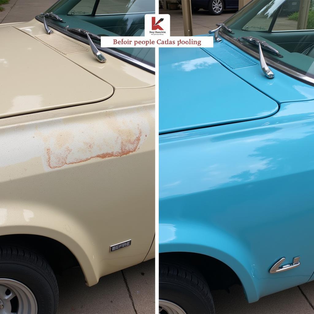 Comparison of faded car paint with restored car paint