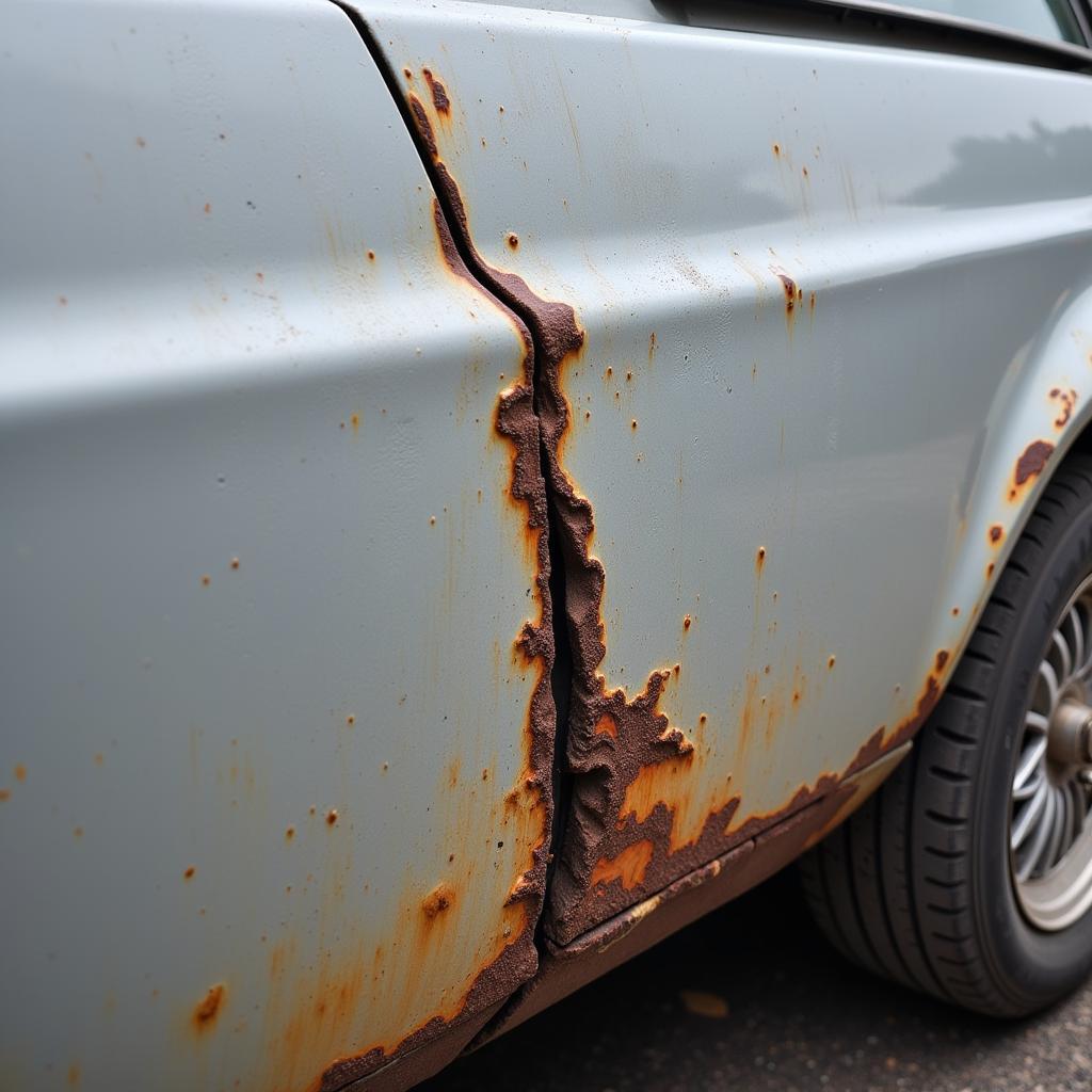 Close-up of a cracked car body panel