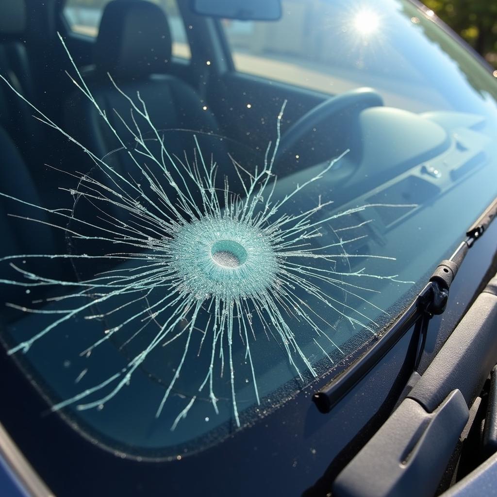 Close-up of a cracked car window showing the extent of the damage.