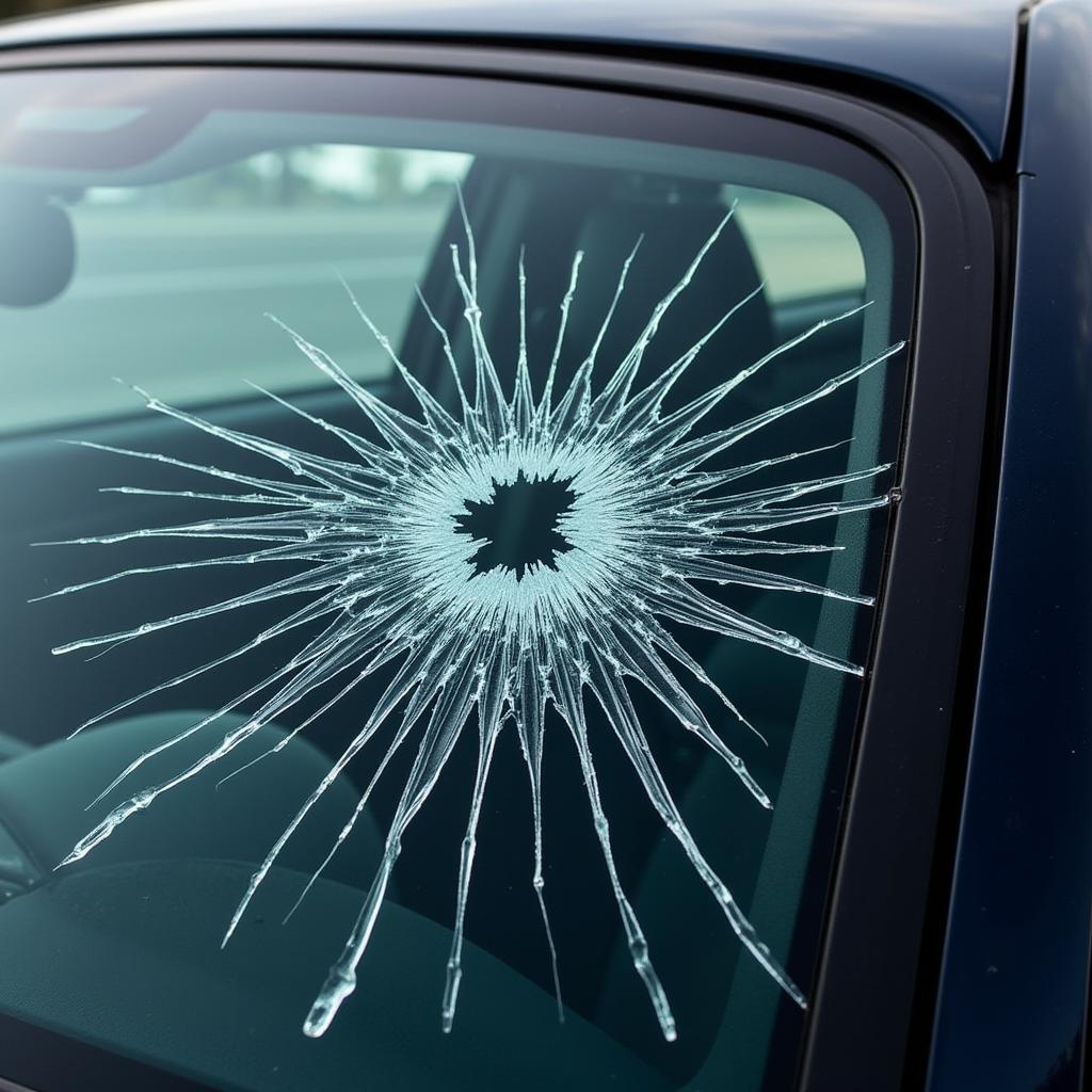 Close-up of a cracked car window showing the extent of the damage and potential safety hazards.