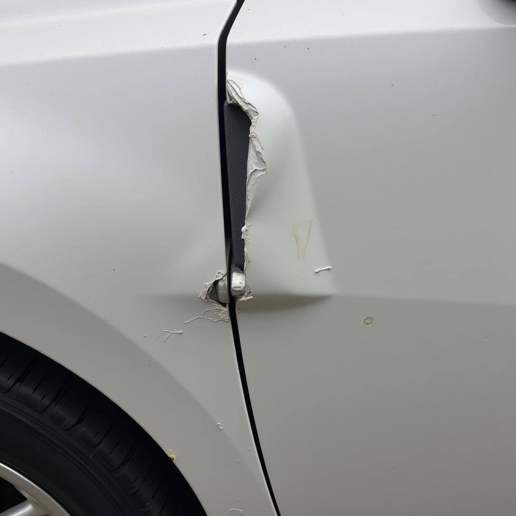 Car Door Dent with Crease and Paint Damage