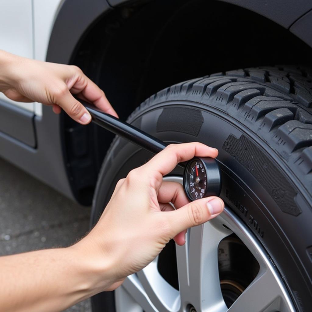 Checking Tire Pressure on Dad's Car