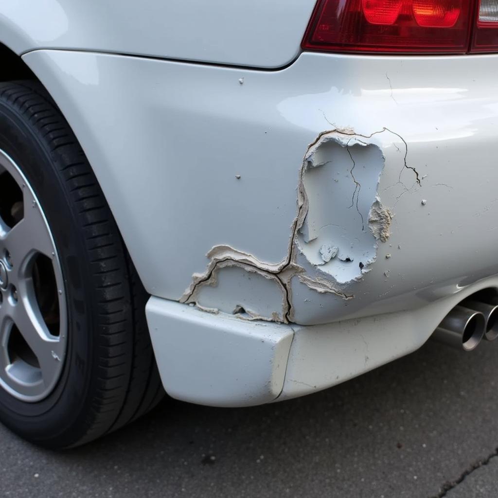 Severely Damaged Car Bumper Requiring Professional Repair