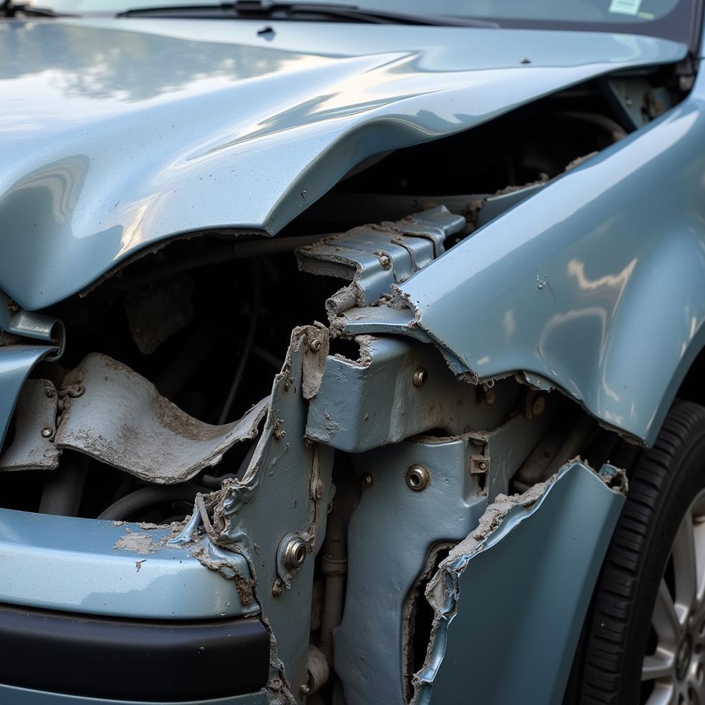 Damaged car frame after a collision