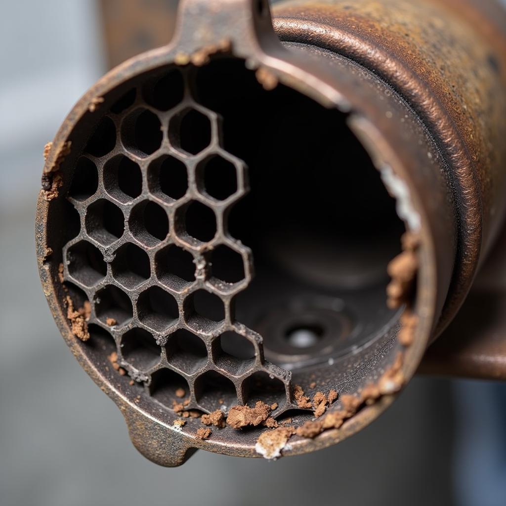 Damaged Catalytic Converter Internal Structure Showing Honeycomb Deterioration