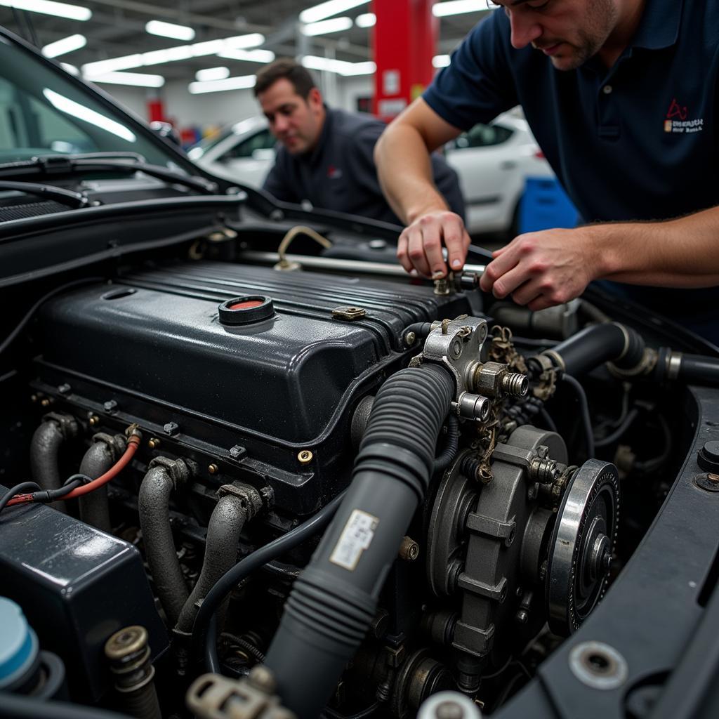 Damaged Engine Being Repaired in Auto Shop