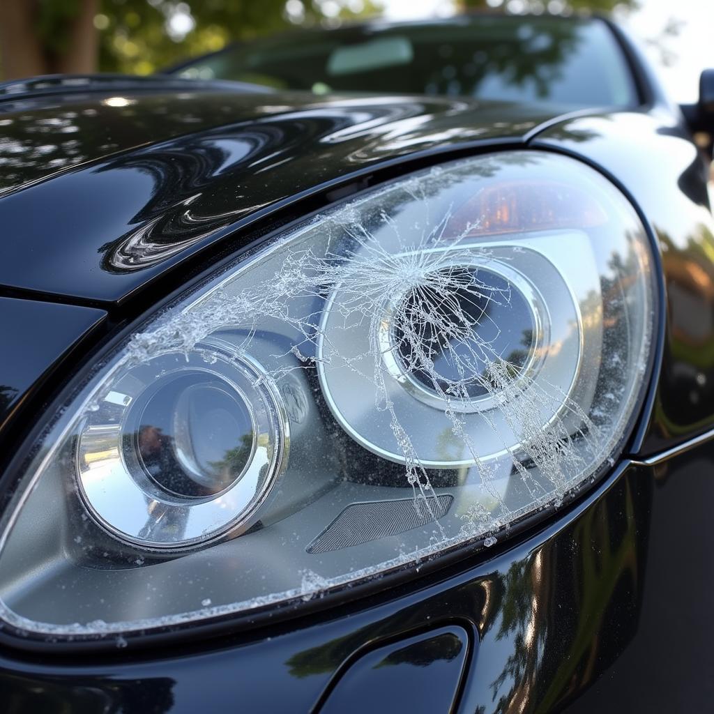 Damaged headlight lens with cracks and haziness