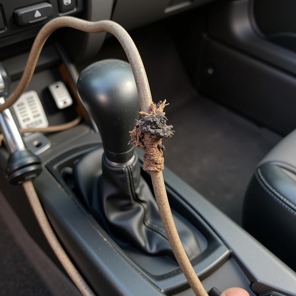 Inspecting a Damaged Shift Cable Underneath a Car