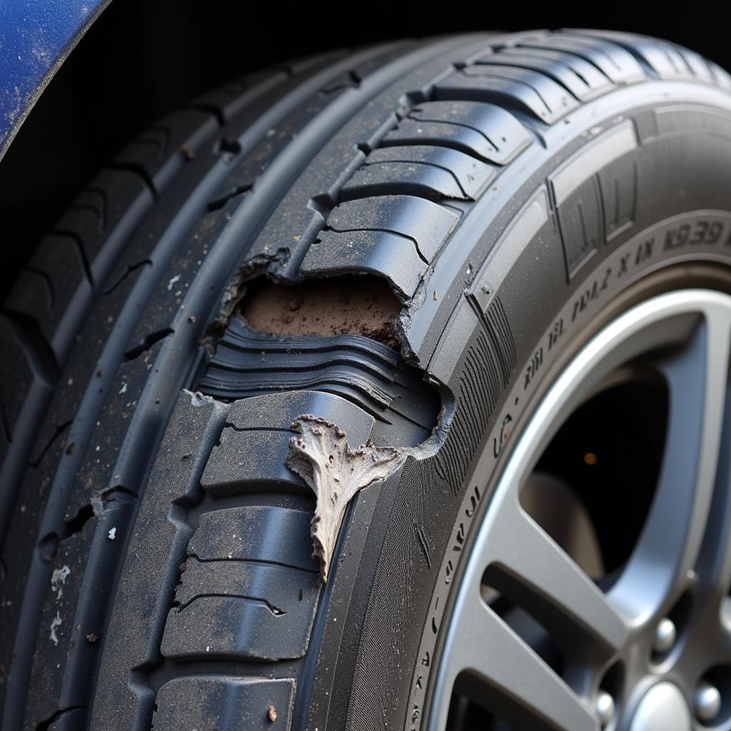 Damaged tire requiring replacement