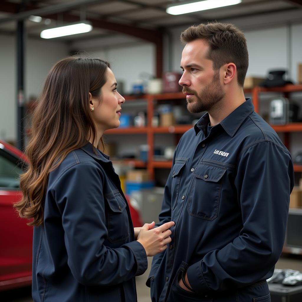 Dani Jensen Discussing Car Repair with a Mechanic