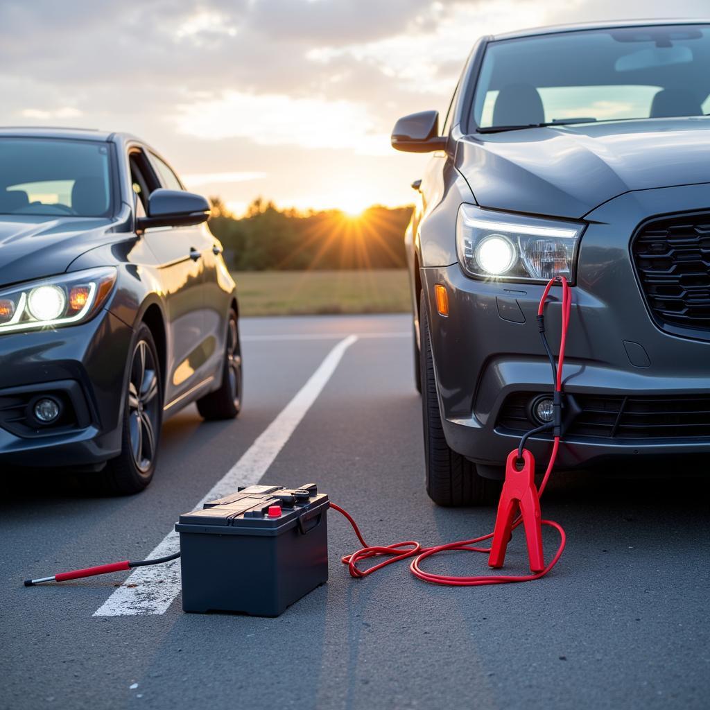 Jump starting a car battery on a road trip