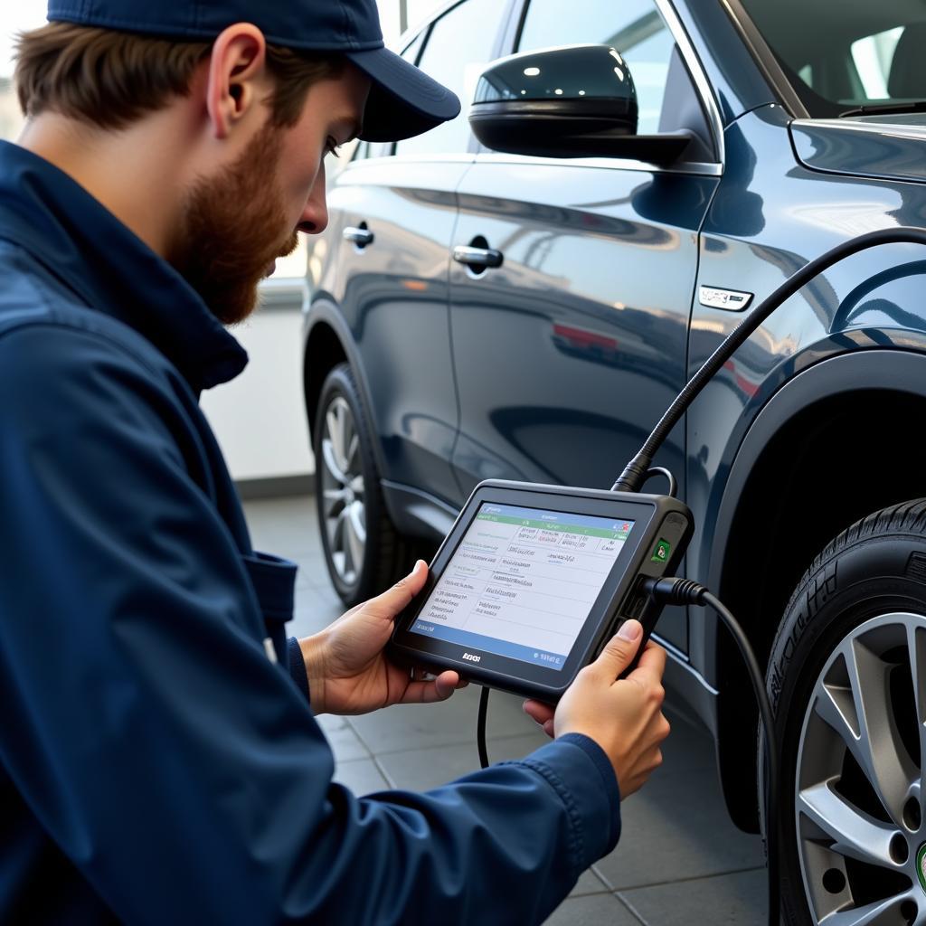 Mechanic Using Diagnostic Tool at Dealership