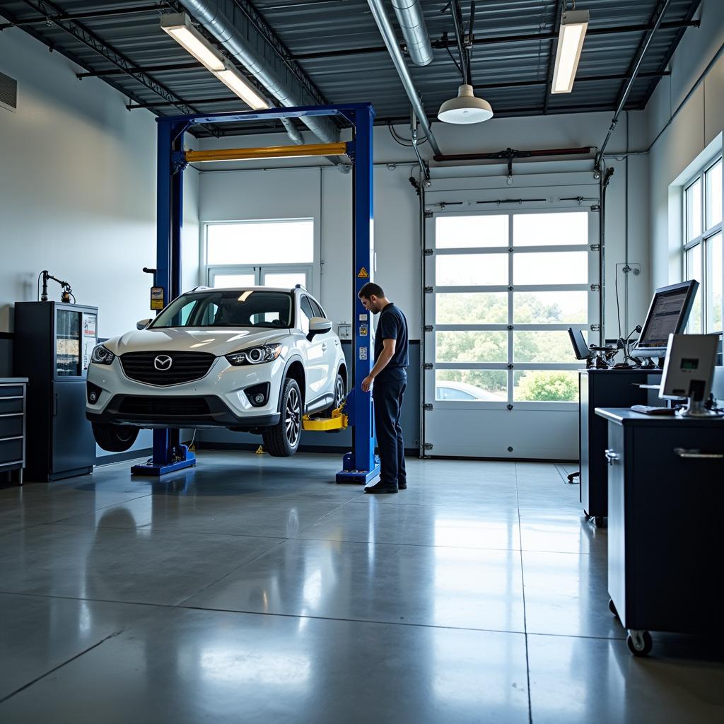 Car being serviced in a dealership service bay