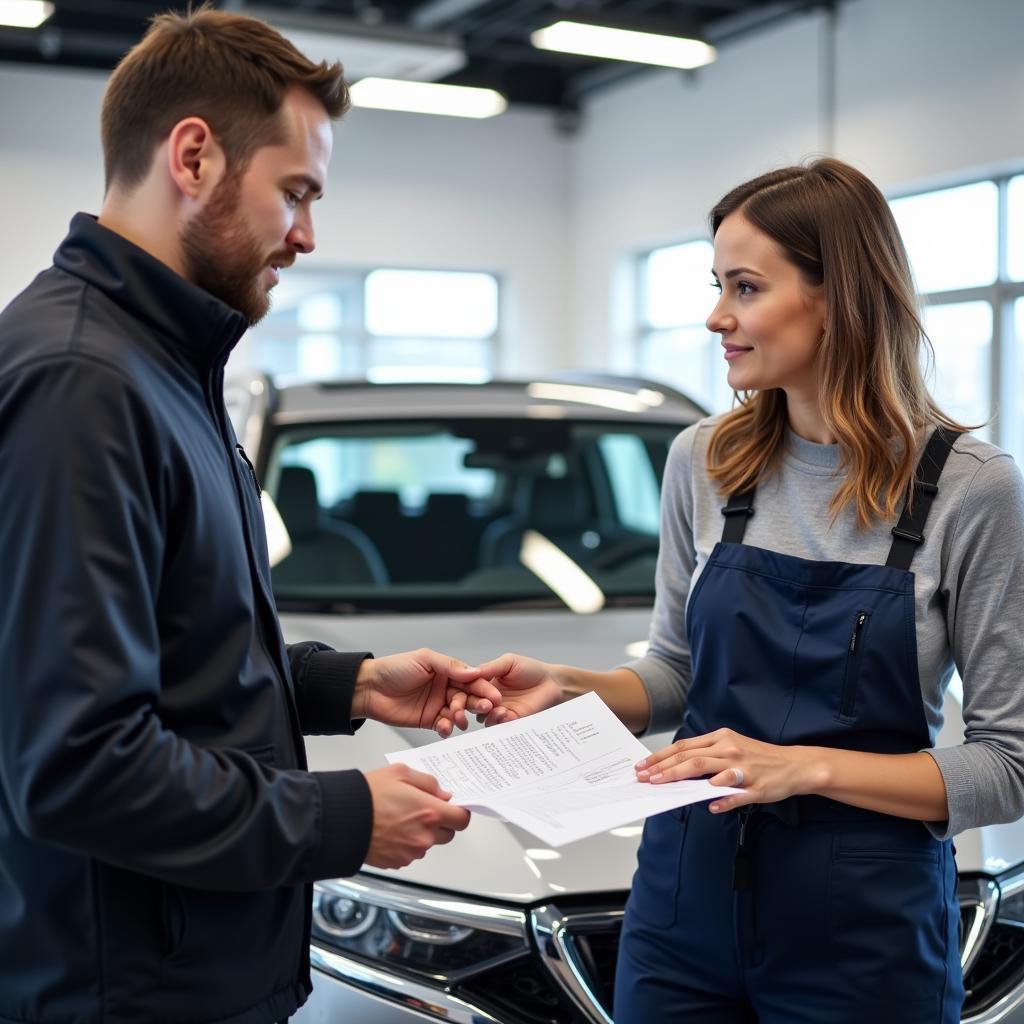 Discussing car issues with the dealership service manager