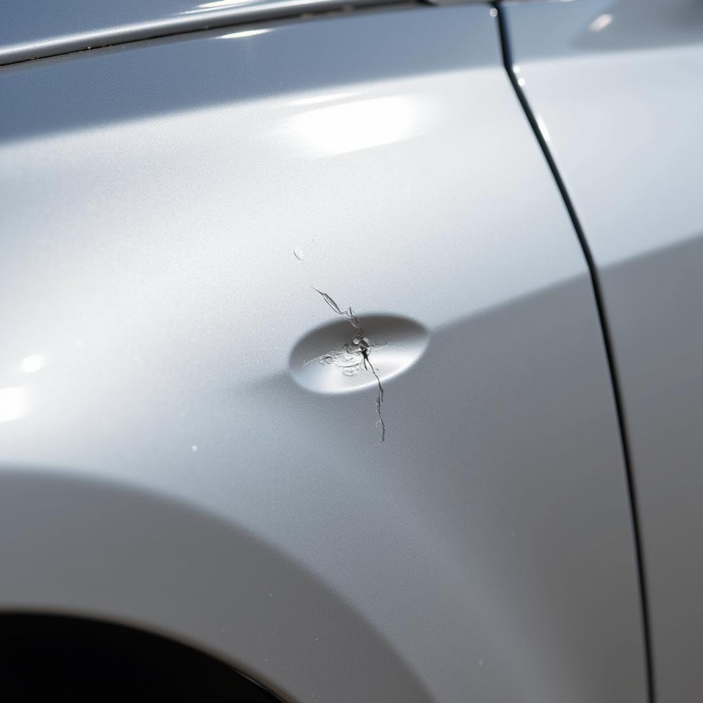 Close-up view of a dent in a car door