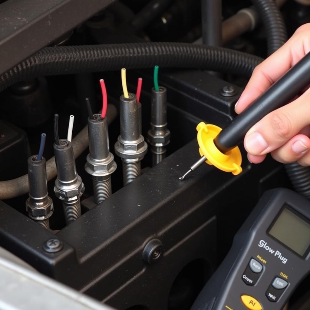 A close-up view of glow plugs in a diesel engine being inspected for faults.