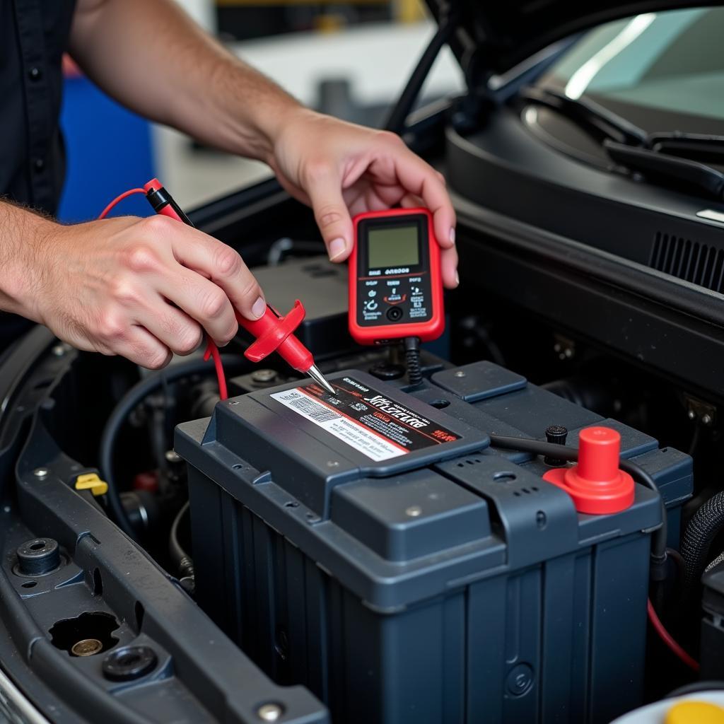 Checking the battery of a diesel car with a multimeter to diagnose starting problems.