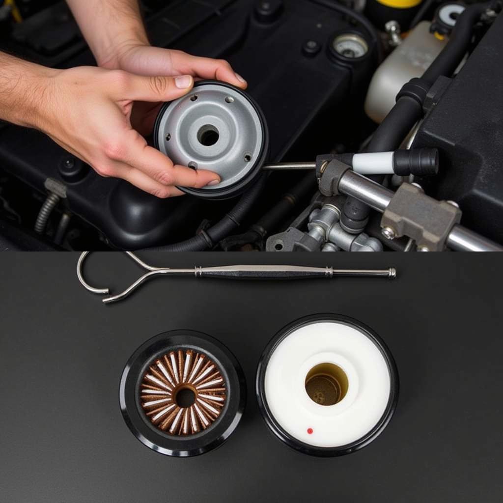 Replacing the fuel filter in a diesel car engine as a preventative measure for starting problems.