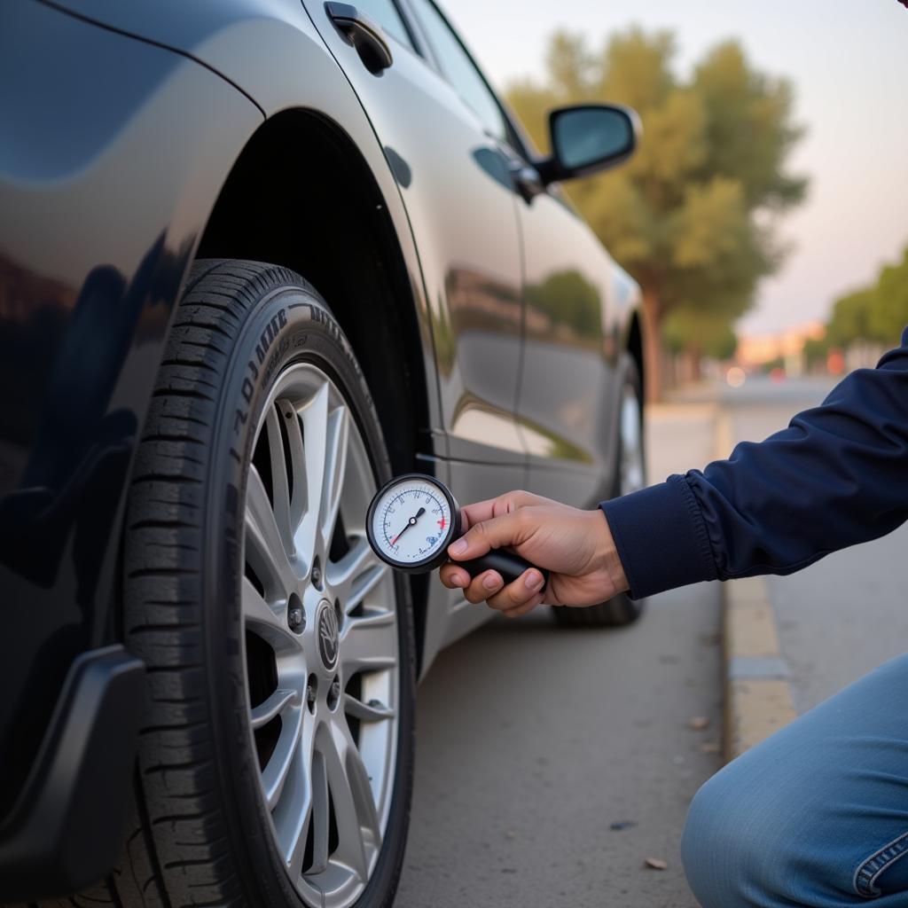 Checking Tire Pressure in Mussafah