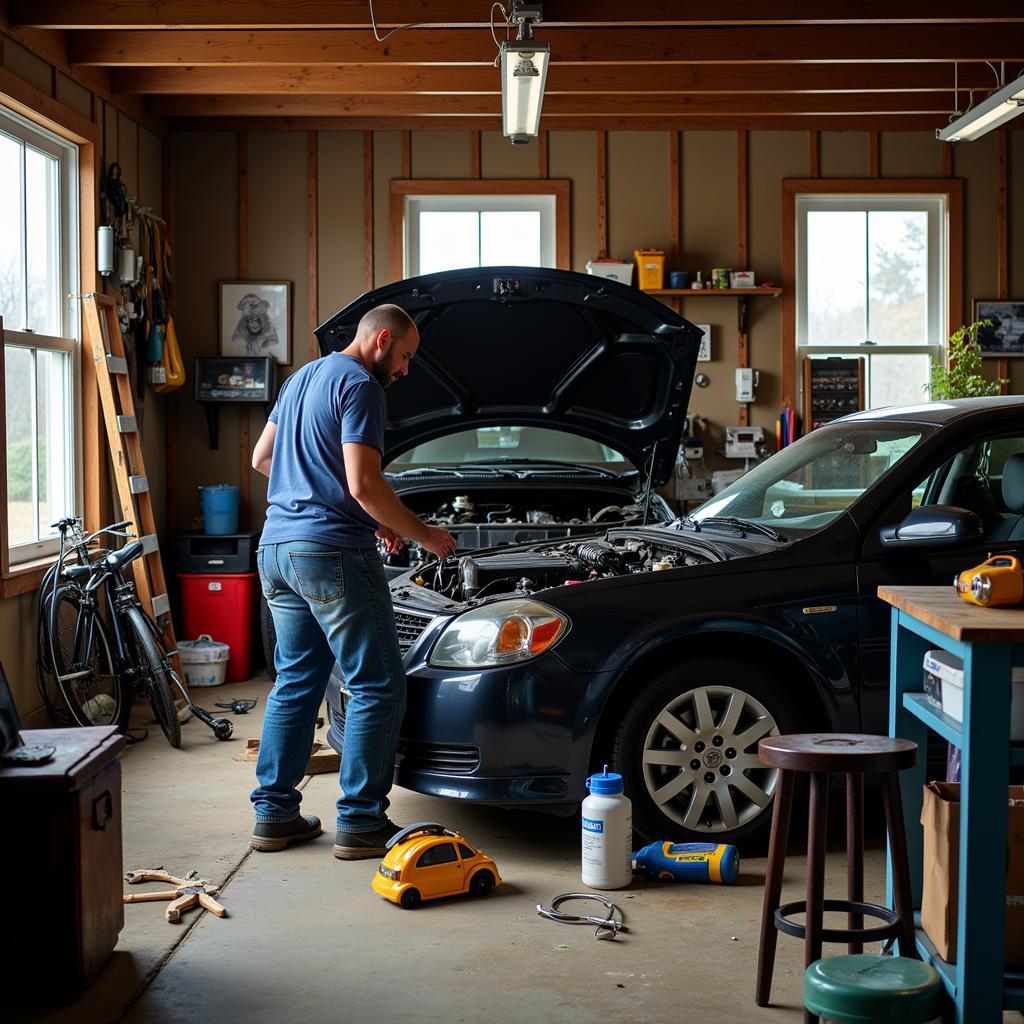 Person performing DIY car repair in their home garage