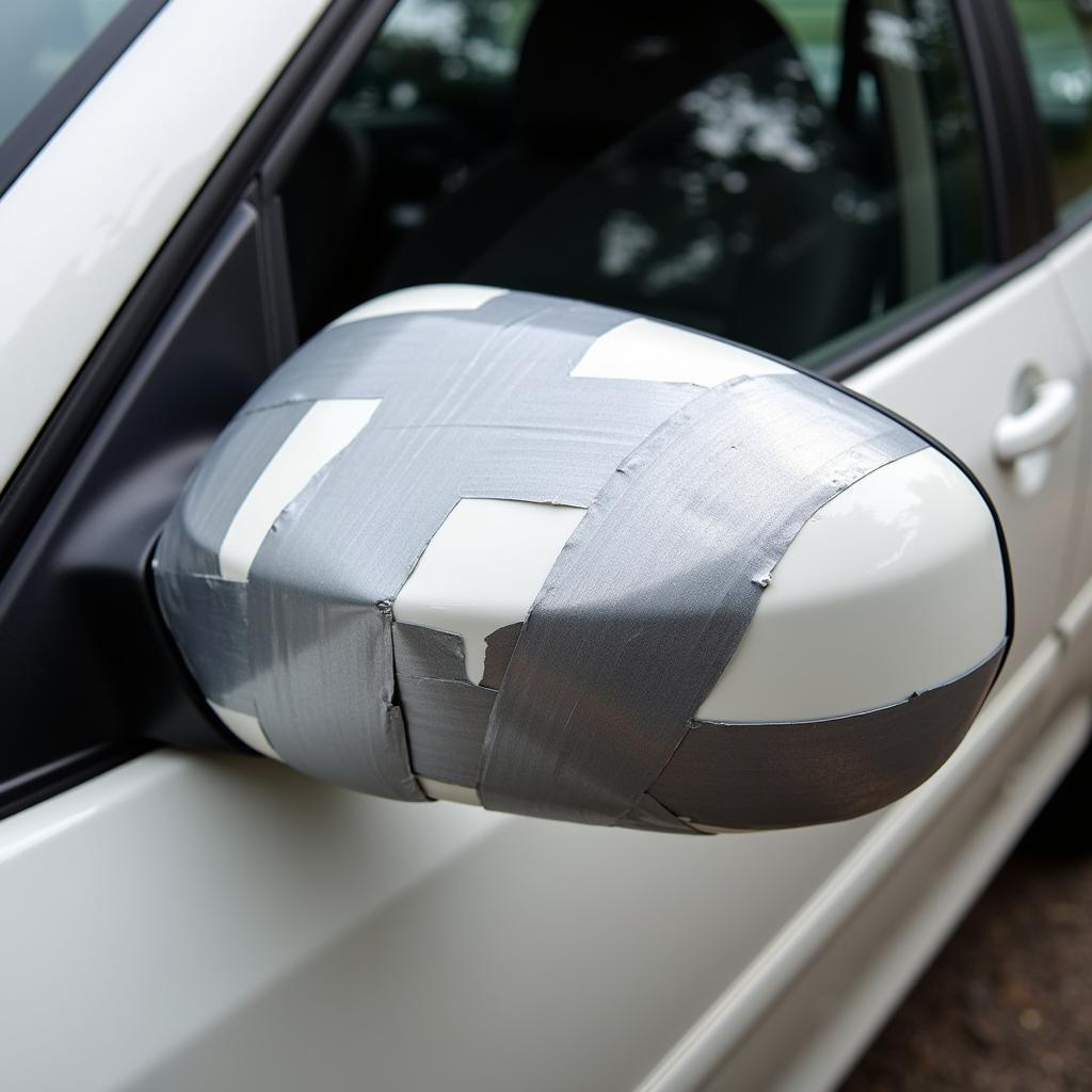 Duct tape temporarily securing a broken side mirror on a car.