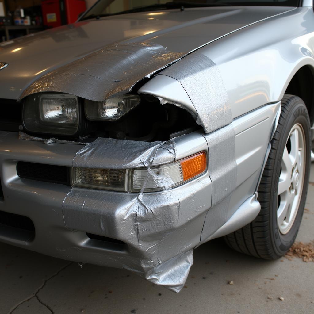 Duct Tape Car Repair Fail: A close-up of a broken car part haphazardly patched together with layers of duct tape, highlighting the ineffectiveness and potential dangers of this "funny" fix.