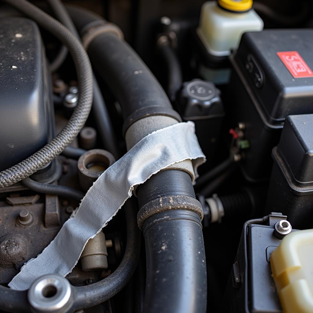 Duct tape used on a car engine, highlighting the potential dangers.