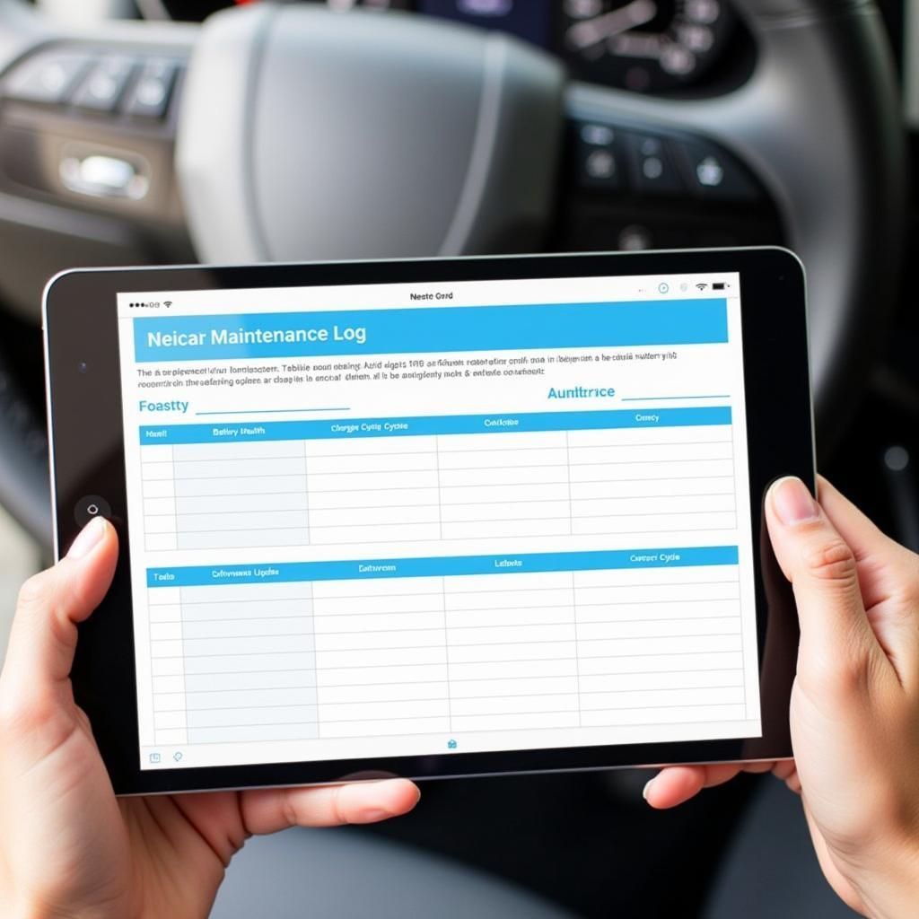 Electric Car Maintenance Log on a Tablet