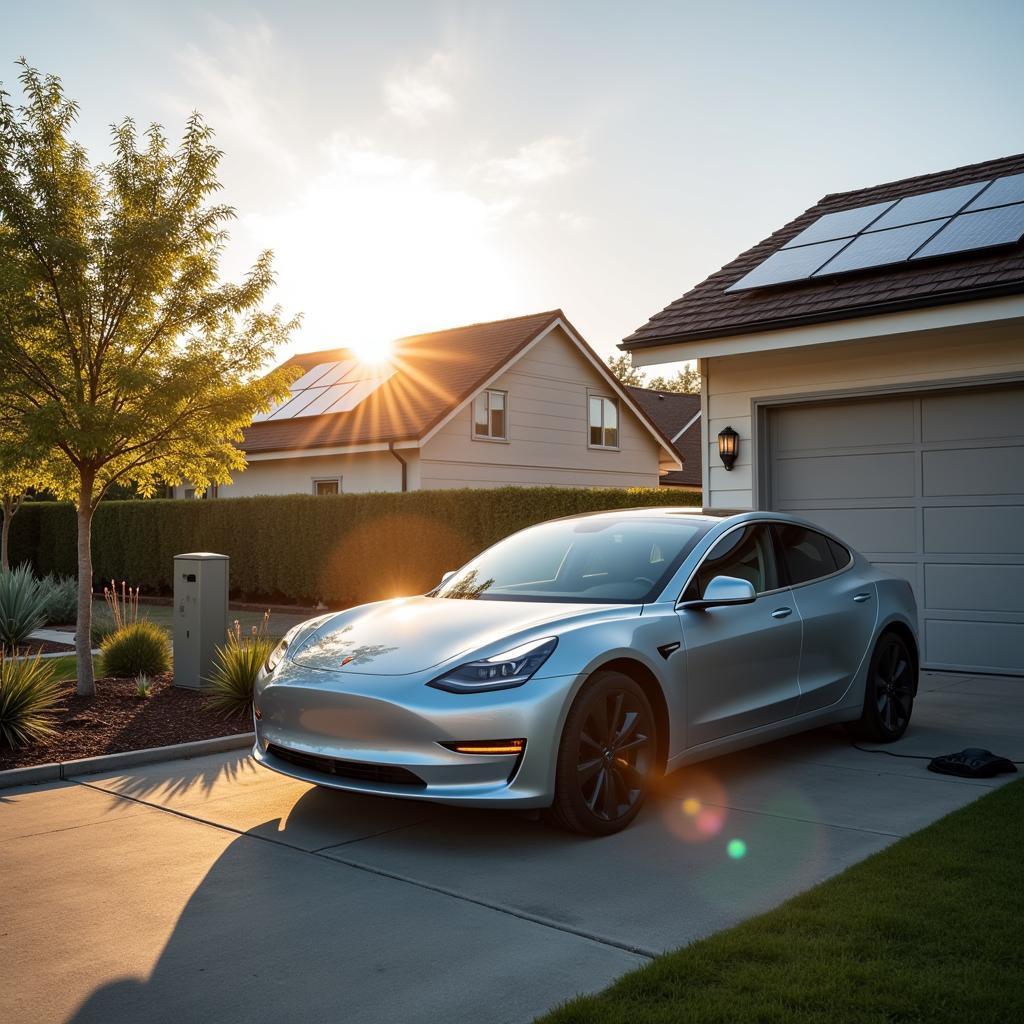 Electric car being charged by solar panels