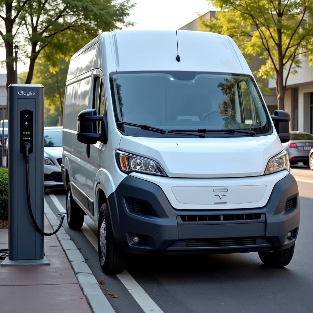 Electric delivery van charging at a public station