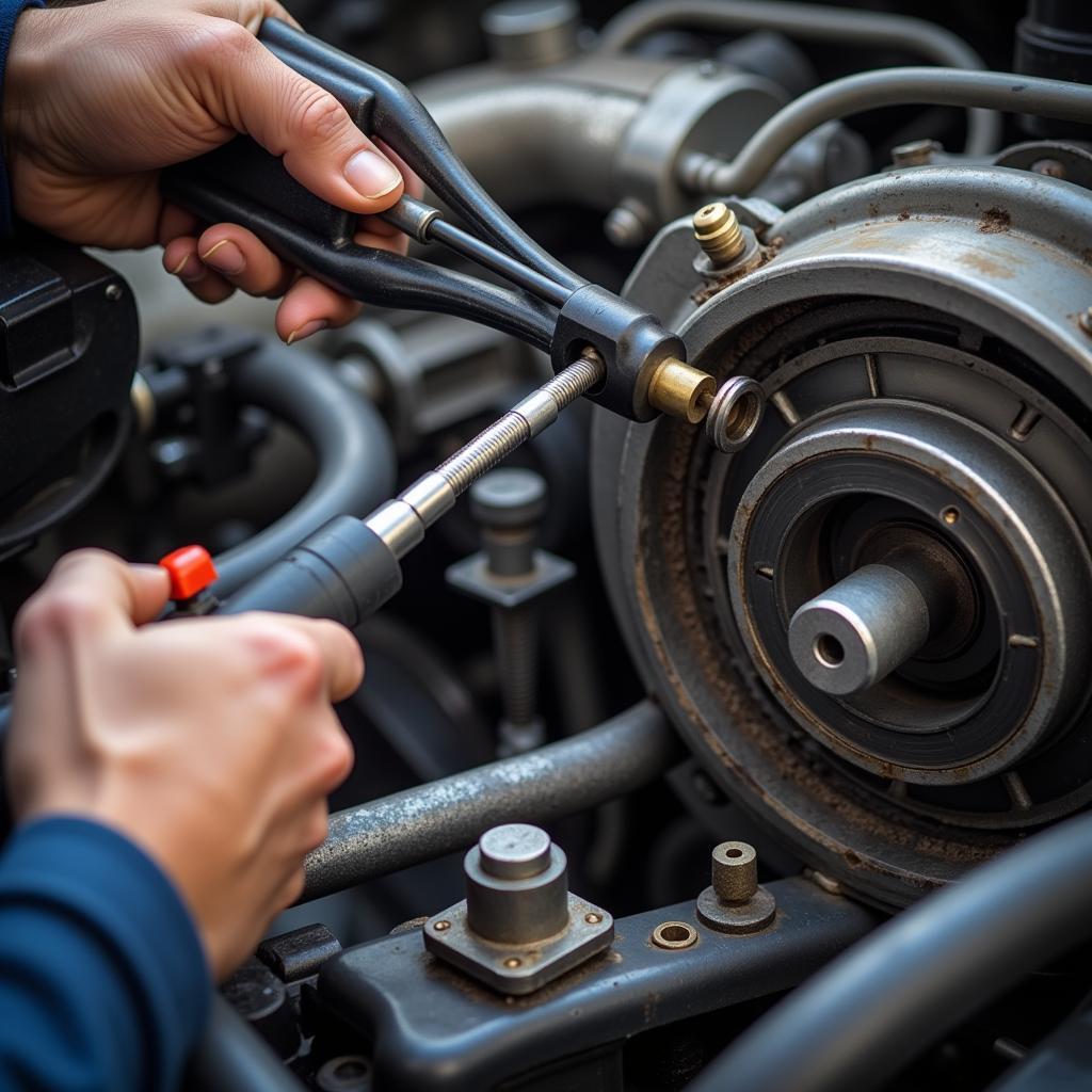 Mechanic inspecting engine bearings for damage