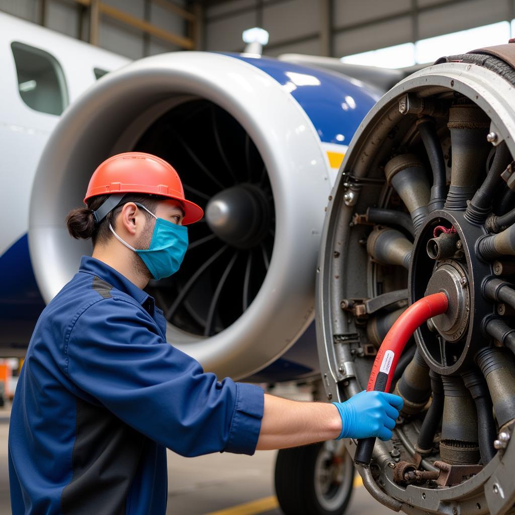 Technician performing engine maintenance on a care flight fixed wing aircraft