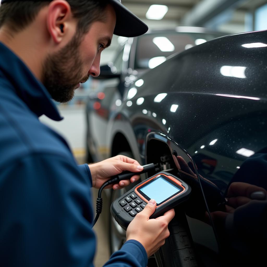 Mechanic using a diagnostic tool to troubleshoot EPS problems