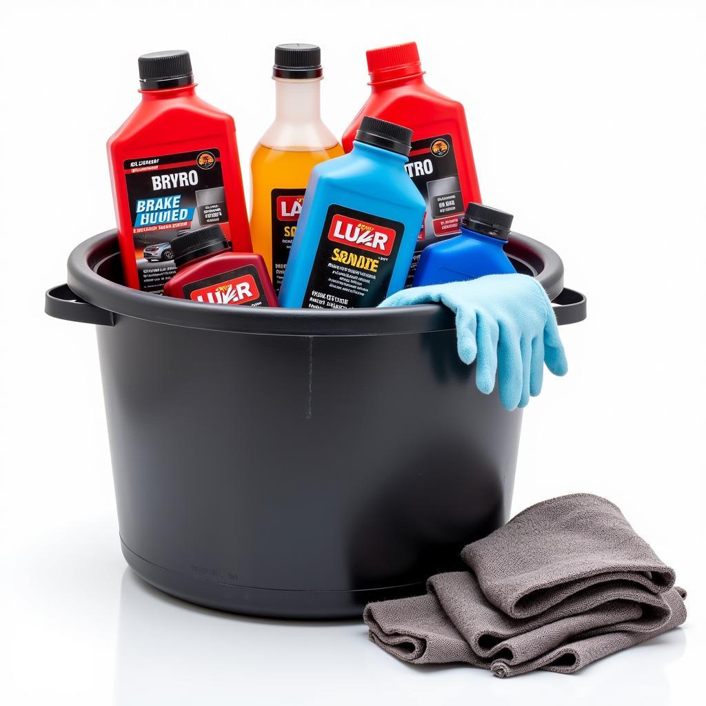 Essential Fluids in a Car Maintenance Bucket