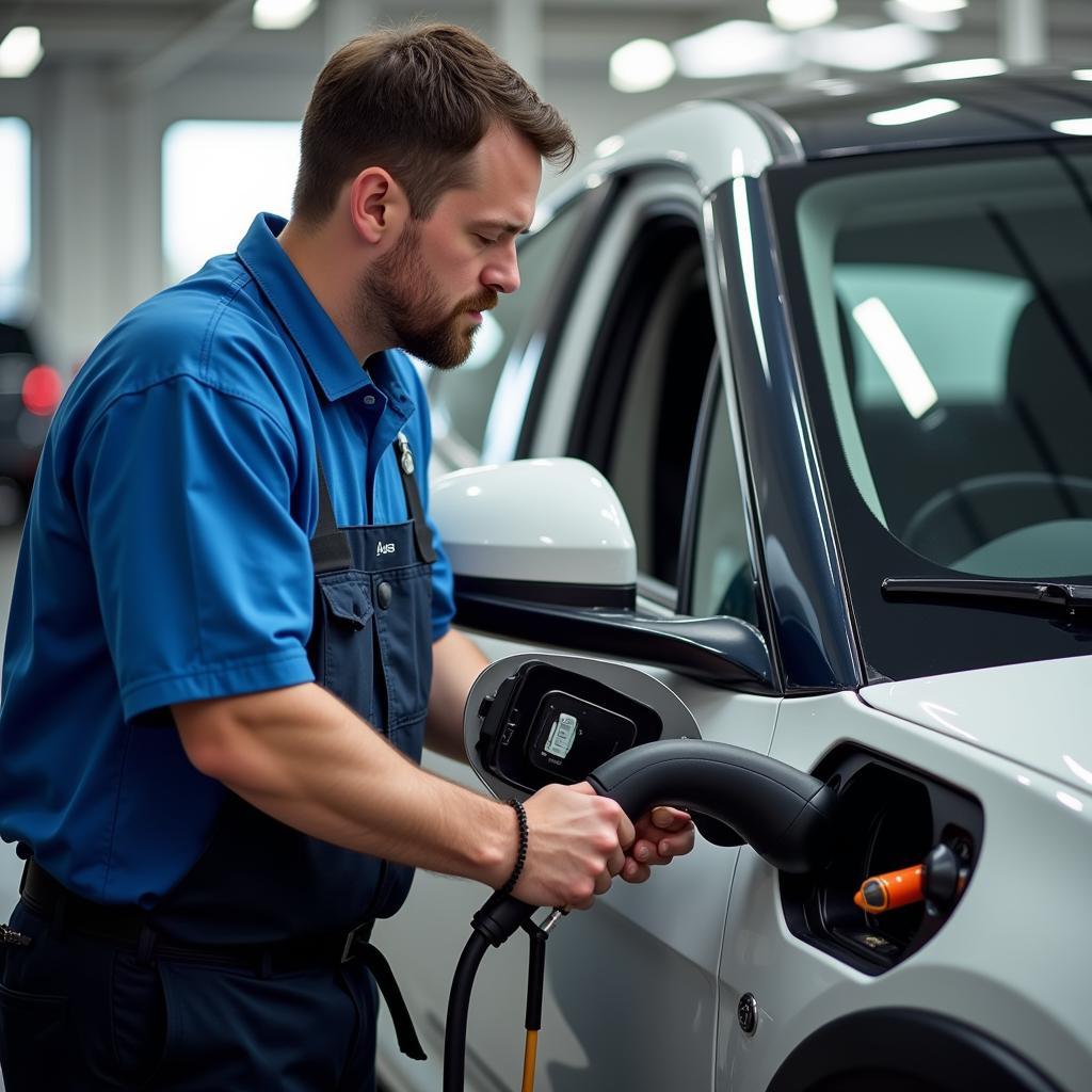 EV Technician Diagnosing Charging Port Issue