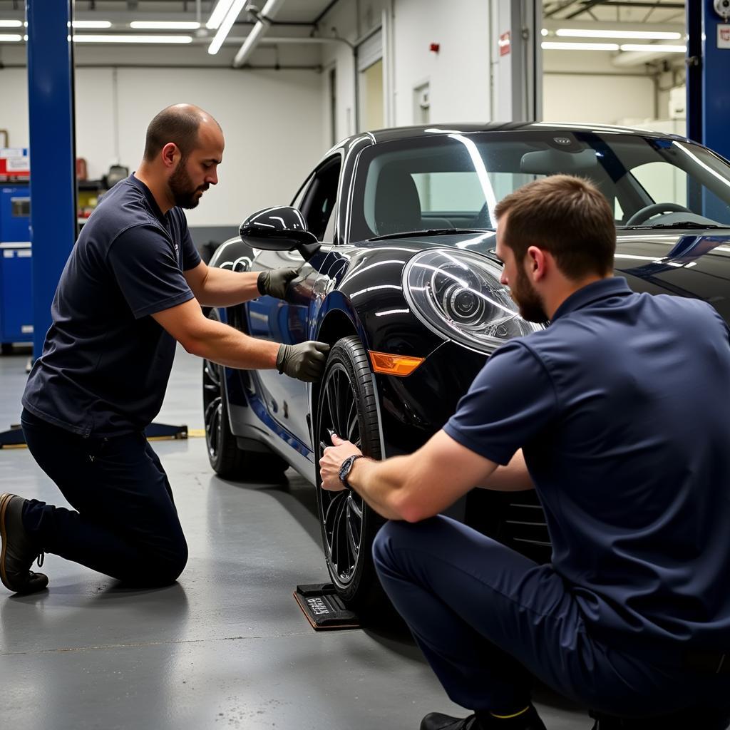 Exotic car tire rotation at an Orange County auto shop