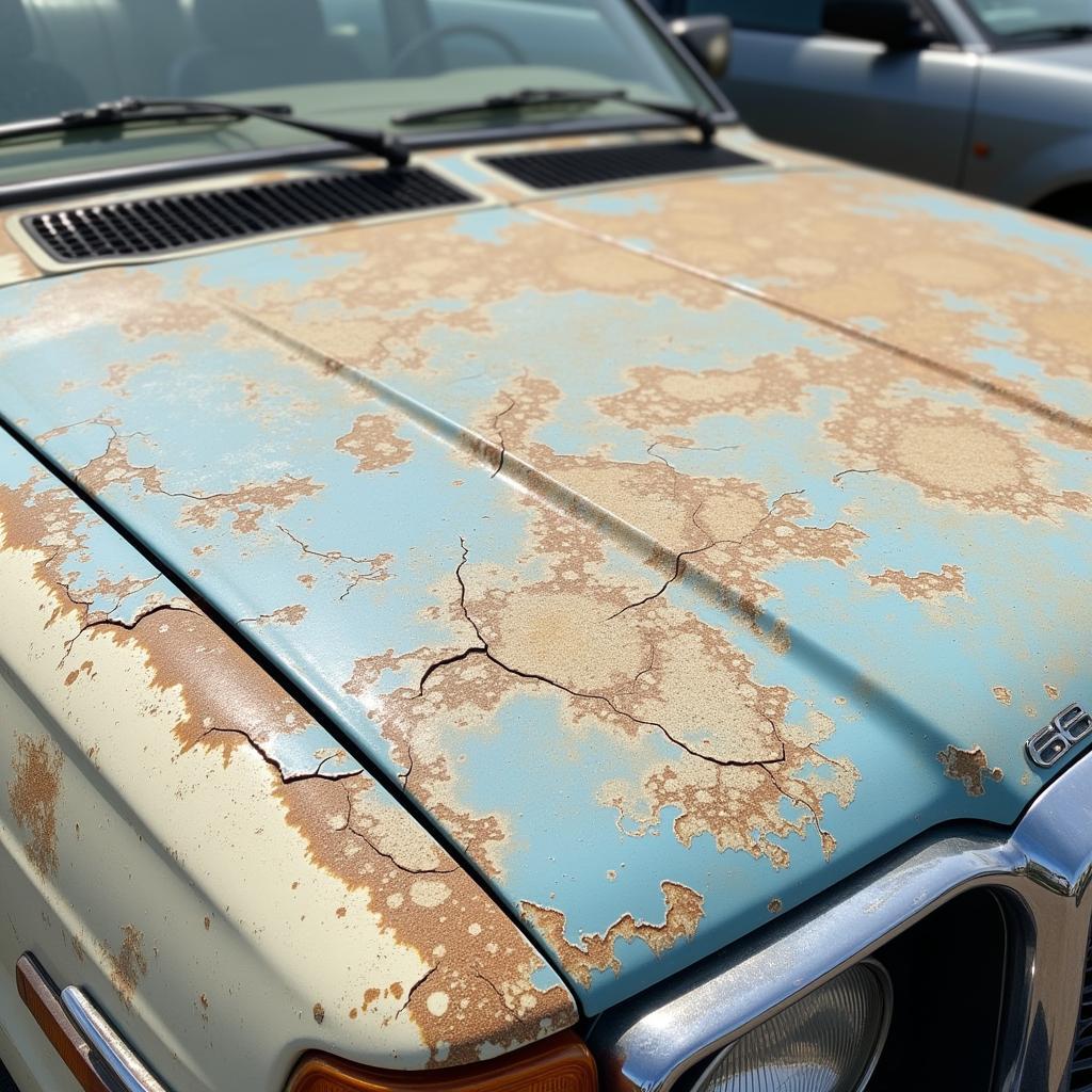 Close-up of faded and damaged car paint