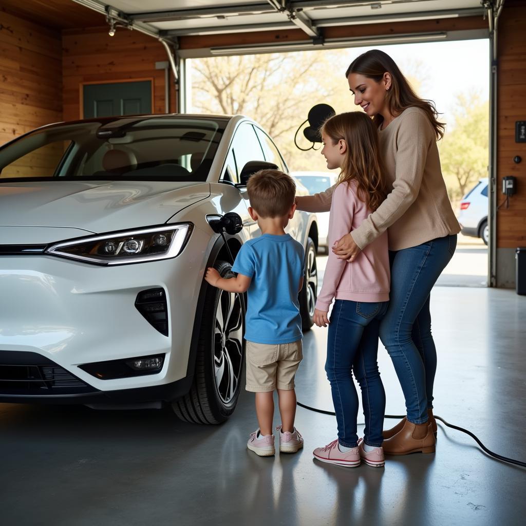 Family charging their electric car at home