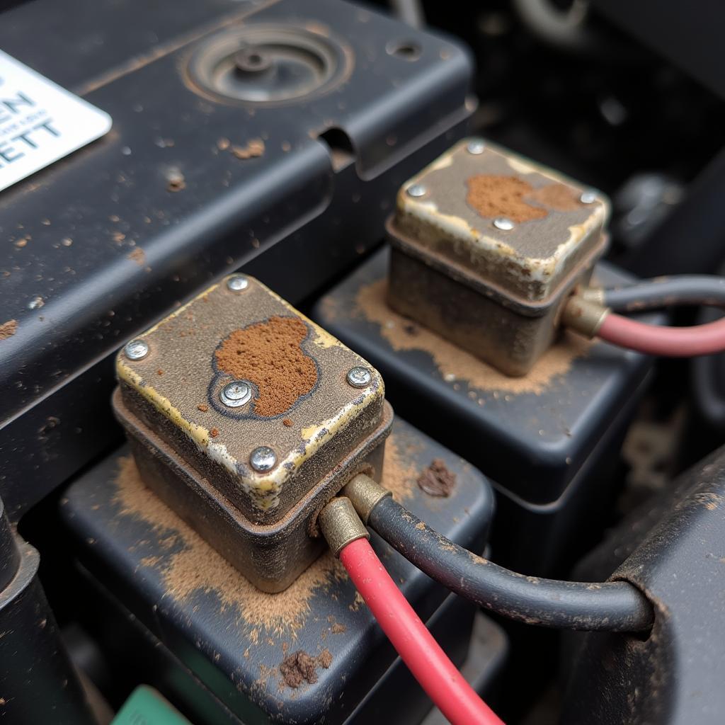 Faulty car battery terminals showing corrosion and loose connections.