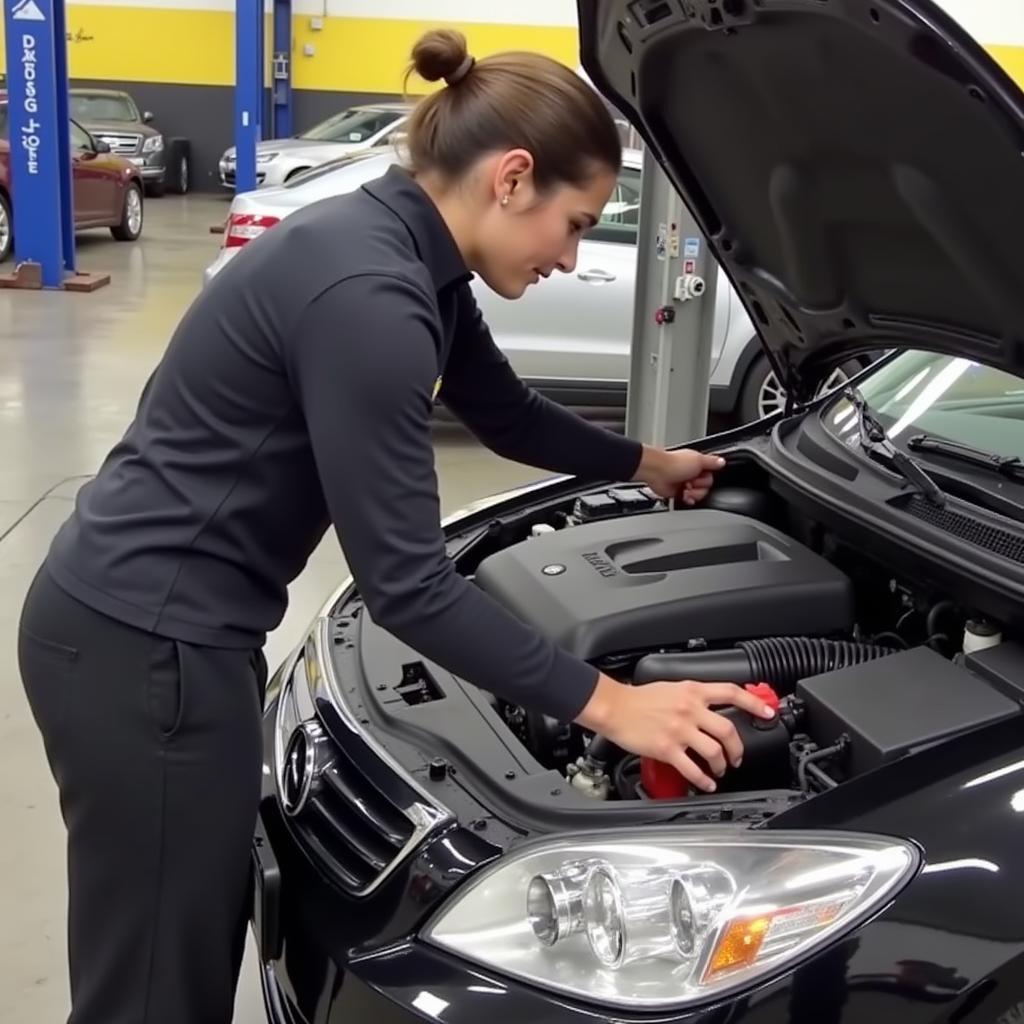 Female Mechanic Performing Oil Change in Garage