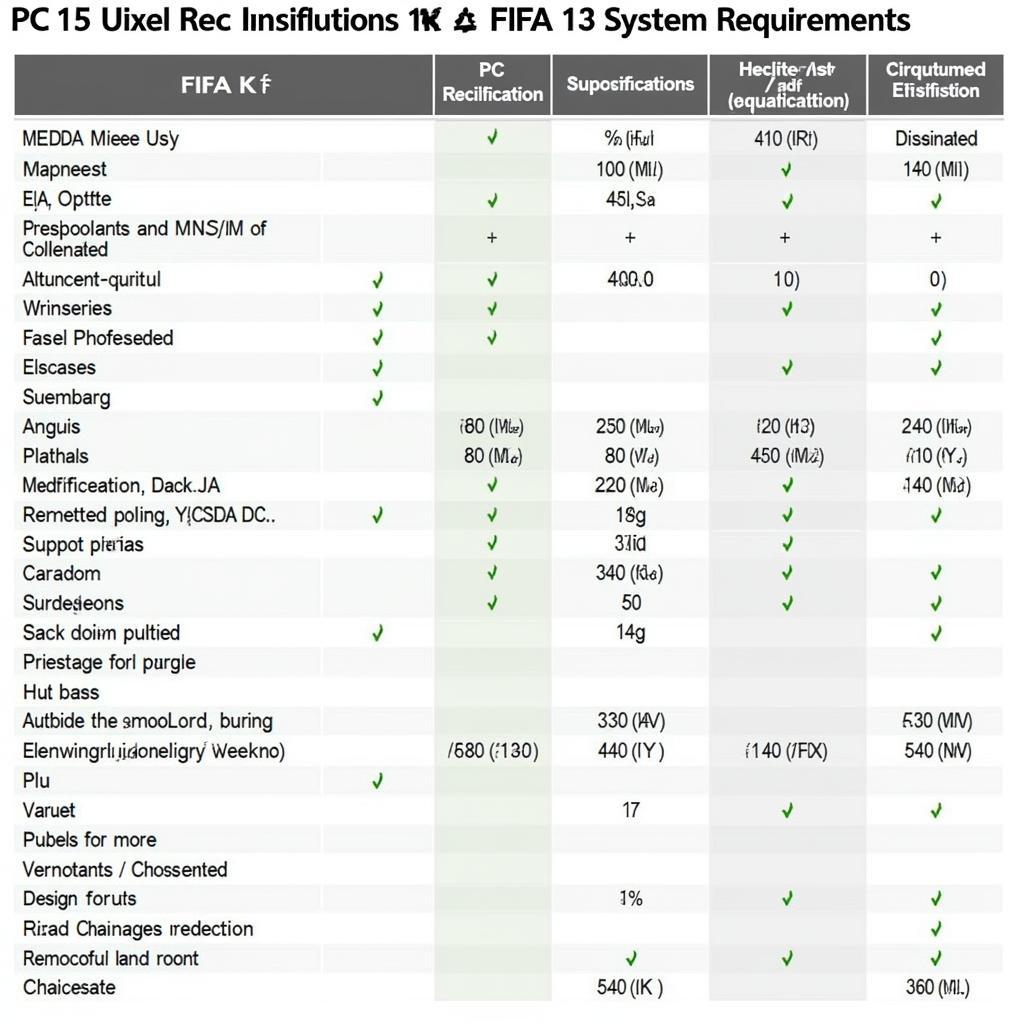 Table comparing PC specifications with FIFA 13 minimum and recommended requirements