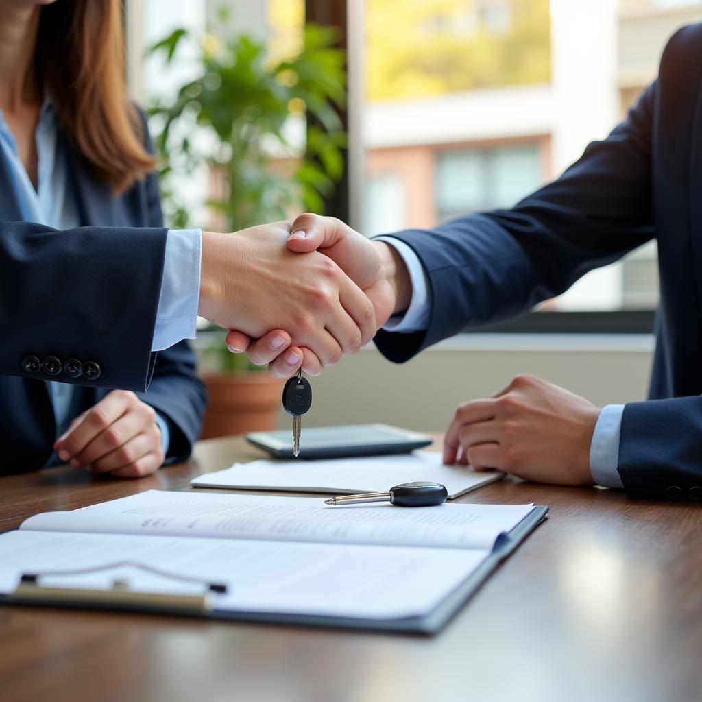 Signing the paperwork to finalize a car sale, emphasizing legal aspects